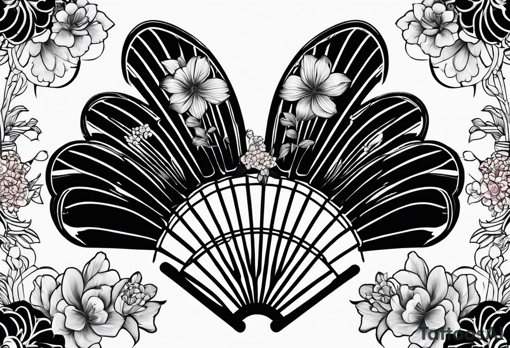 All Black Japanese fan with flowers behind it tattoo idea
