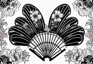 All Black Japanese fan with flowers behind it tattoo idea