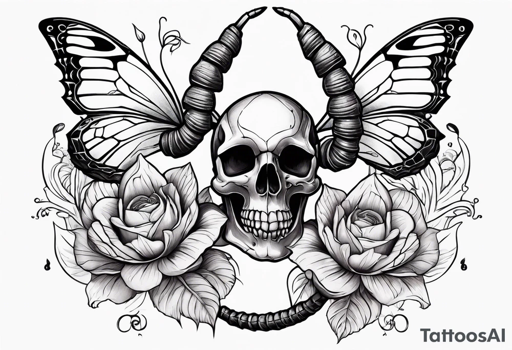 Large scorpion with a skull, flowers, and butterflies tattoo idea