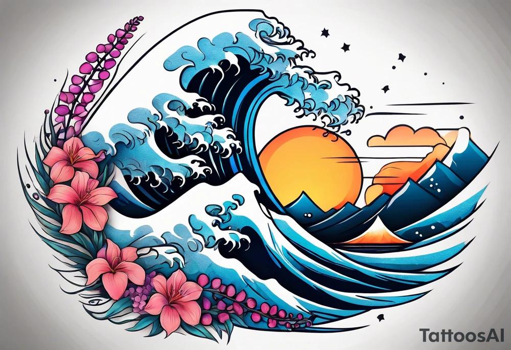 ocean wave surrounded by lupin and fireweed vines tattoo idea