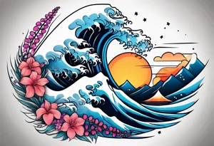 ocean wave surrounded by lupin and fireweed vines tattoo idea