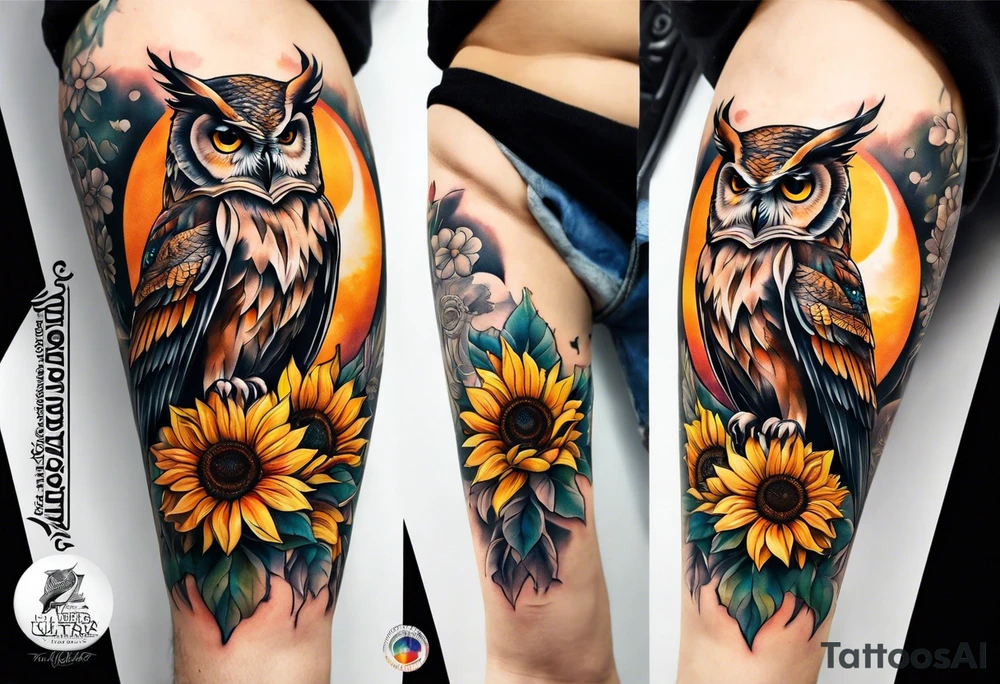 Owl with sunflowers leg sleeve tattoo idea