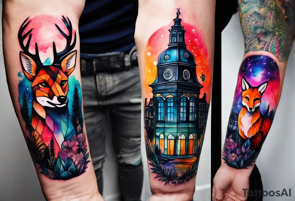 Arm tattoo, Animals, birds, stag, fox, watercolour of animals made from glass in Amsterdam featuring Amsterdam buildings and Amsterdam canal in galaxy colours featuring pineapples as space colours, galaxy colours, night sky, pineapples tattoo idea