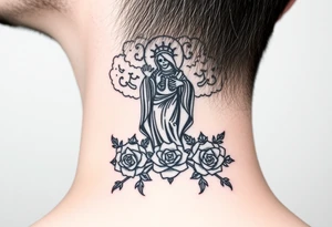 Santa muerte rising out of smoke surrounded by broken bones and roses tattoo idea