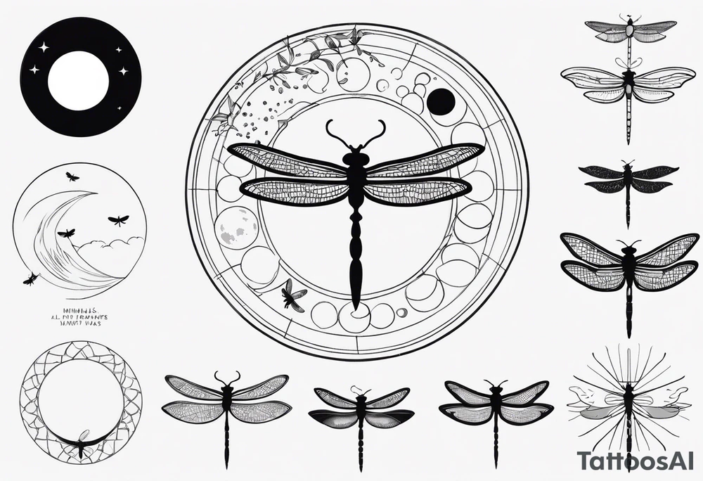 - all Moon phases with small dragonfly vertical, tattoo idea