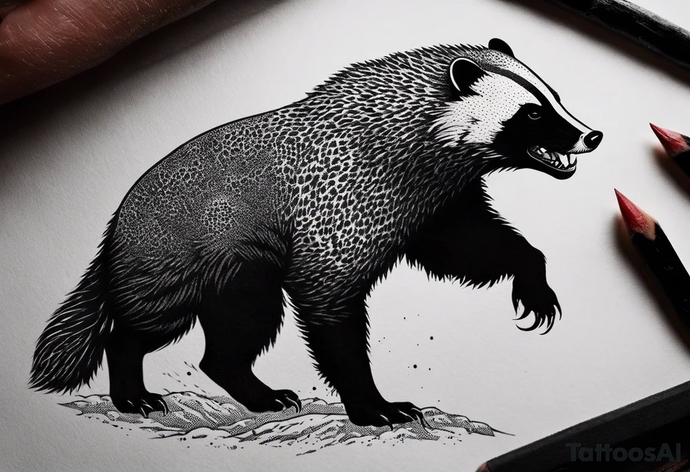 Draw me psychopath Fearless Honey Badger/Berserker with aggressive full body, killer face with a scary smile, very long nails and he attacks like a Bloody Assassin/Warrior/Gladiator to us and also, he has very deadly looking. He fights with his nails only. Everybody scares after their first sight. Give me horror type Badger Tattoo. I want to see his Realistic full body with no weapons. You can show destruction at the back. tattoo idea