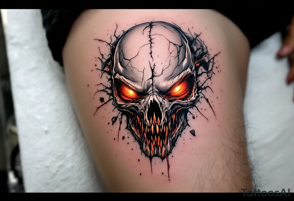 A shattered Xenomorph skull with red, orange, and yellow glowing from the cracks, evoking the violent nature of the species with a touch of vibrant energy. tattoo idea