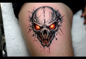 A shattered Xenomorph skull with red, orange, and yellow glowing from the cracks, evoking the violent nature of the species with a touch of vibrant energy. tattoo idea