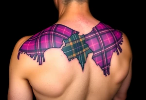 Purple tartan fabric on shoulder with skin ripping back to reveal tartan underneath tattoo idea