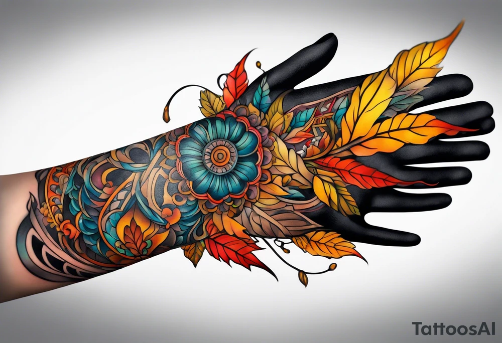 Arm Sleeve Tattoo with fall colors flat tattoo idea