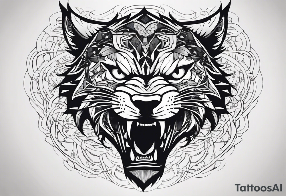 A tattoo designed for the knee, featuring the face of a feral beast with wild, exaggerated features, such as sharp fangs, intense eyes, and a snarling expression. The design incorporates large areas of white space for contrast, with beams of light or energy radiating outward from the beast’s eyes in a chaotic and powerful pattern. The overall look should be bold and primal, with flowing lines that adapt naturally to the curvature of the knee. tattoo idea