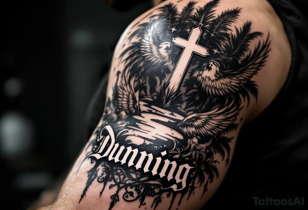 Dunning, Romanian theme with palm trees, cross,angels tattoo idea