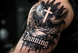 Dunning, Romanian theme with palm trees, cross,angels tattoo idea