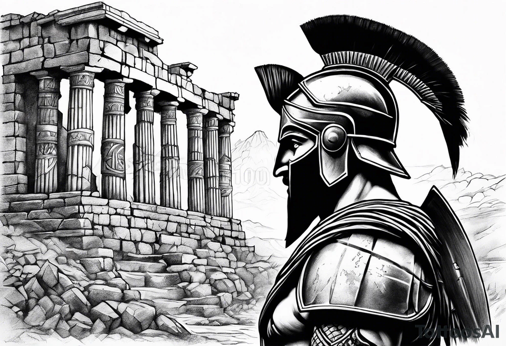 Side profile of spartan soilder with ancient ruins in background tattoo idea