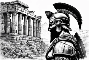 Side profile of spartan soilder with ancient ruins in background tattoo idea
