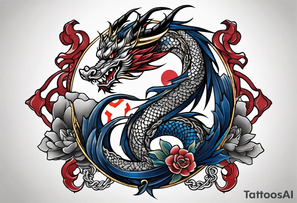Asian dragon wrapping around an anchor centered on the Korean flag tattoo idea