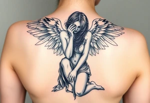 Already fallen angel Dante Mikha'el on her knees with great full wings, looking her darkened hand head down and her hair cover her half face tattoo idea