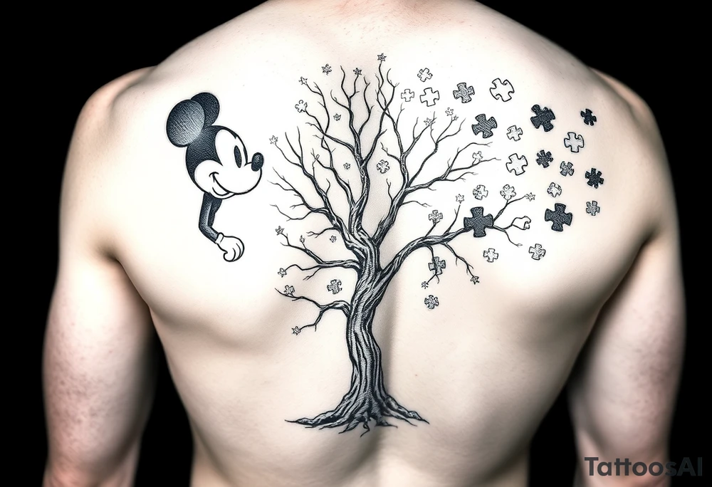 Autism full left arm sleeve including Mickey Mouse and a tree at the start with autism puzzle pieces everywhere tattoo idea
