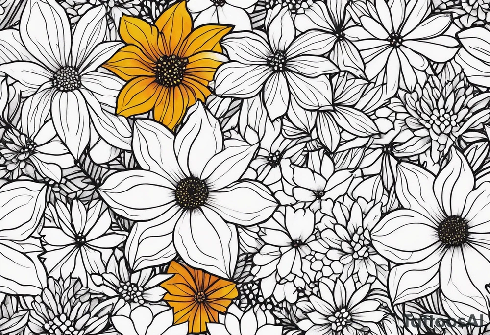 Symbolic shadowed black drawings on the background of different colored small multiple flowers tattoo idea