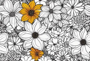 Symbolic shadowed black drawings on the background of different colored small multiple flowers tattoo idea