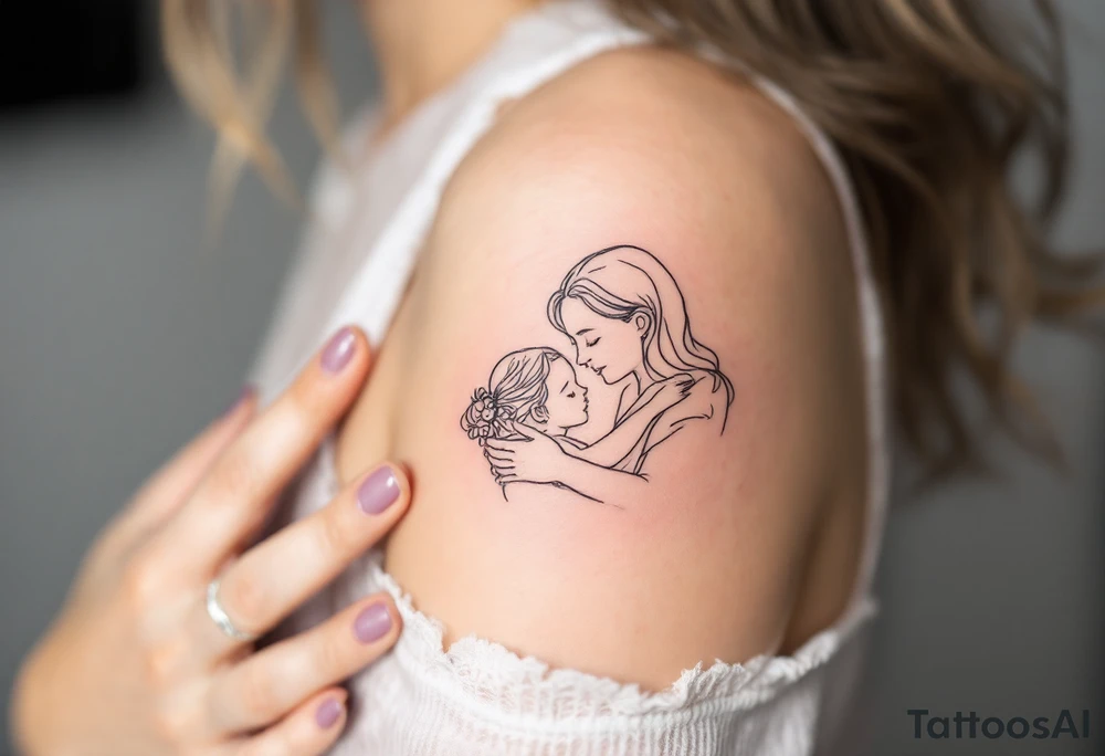 A fine-line tattoo of a mother and daughter embracing, filled with soft lavender and blush tones. tattoo idea
