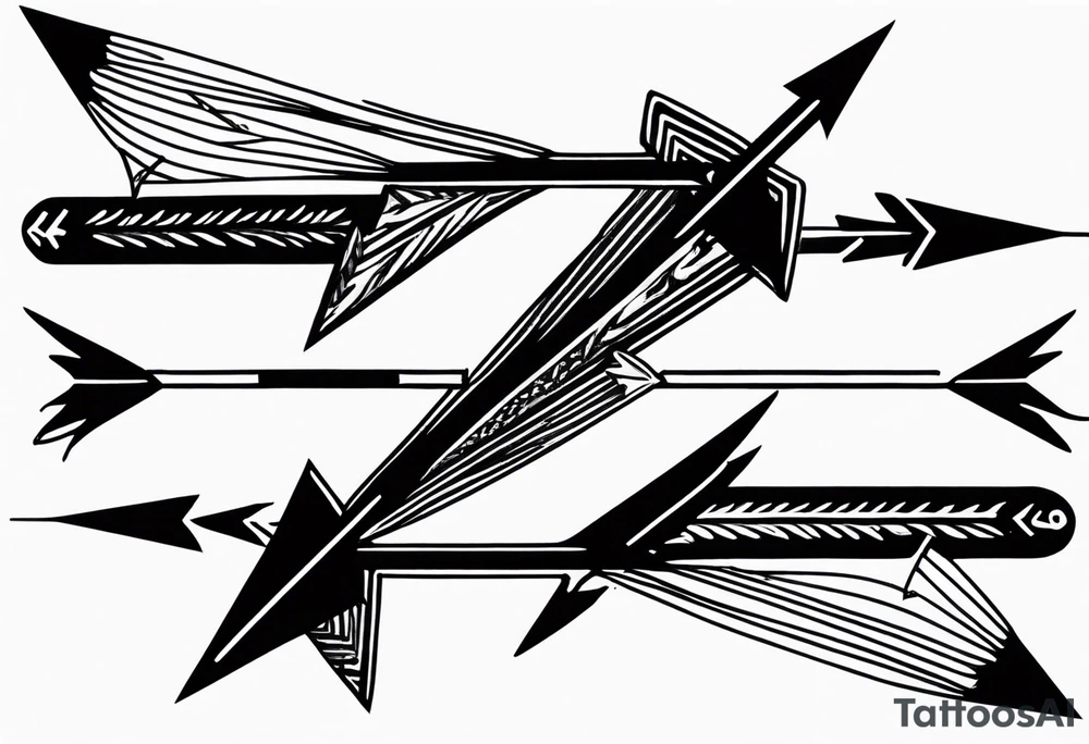 three minimalistic parallel medieval arrows.
two arrows broken. arrows need to have a flight at one end and a head at the other

arrows represent my auntie who died at 62, myself, and my son who died at 6 months old tattoo idea