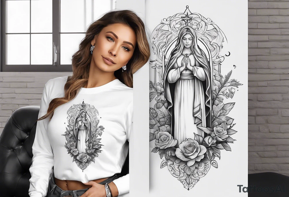 long sleeve tattoo about Christianity, family and the love of life tattoo idea