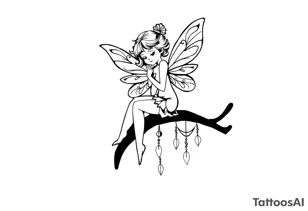 Fairy sitting on moon with dangles solid black tattoo idea