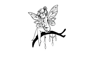 Fairy sitting on moon with dangles solid black tattoo idea