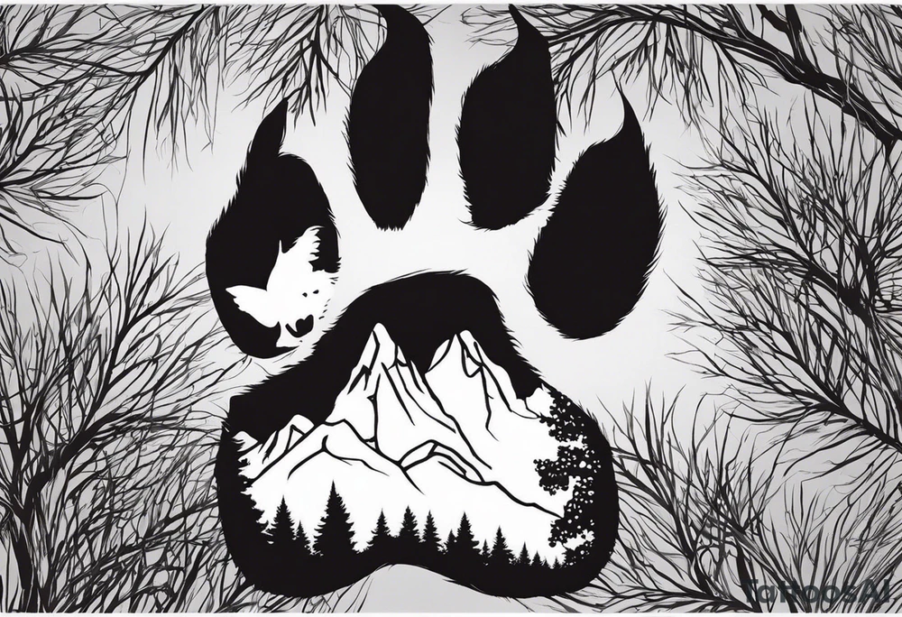 I want a large tattoo with a super realistic paw print, within the paw print I want a landscape and I want it to be lifelike texture and shading, especially on the nails. Inside the paw print, there's a detailed nature scene: mountains, a lake, a stream, and southern oak trees with wide canopies like a traditional southern background. Keep the peeks of the mountains soft. The sun peeks over the mountains, shining and reflecting over the land and water, with realistic shading for depth. Around the paw print, l'd like a splotchy, fading background for a natural, textured look, but without any animals. The overall style should be detailed and realistic, with strong shading and dimension. No color and very realistic in the paw. tattoo idea