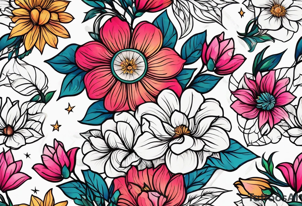 Moon stars flowers tattoo idea
