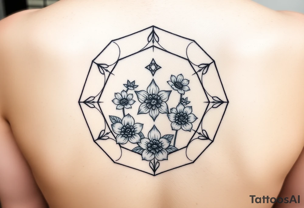 Hexagon with a constellation sign for Leo,  larkspur and water lilies in the center tattoo idea