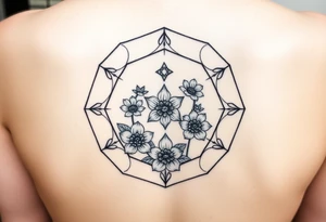 Hexagon with a constellation sign for Leo,  larkspur and water lilies in the center tattoo idea