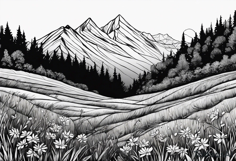 straight line - wildflower in watercolor represents overcoming challenges & strength - mountains, waves with a little sunshine tattoo idea