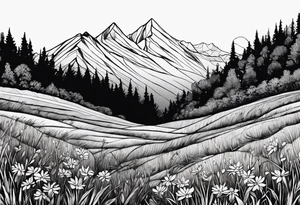straight line - wildflower in watercolor represents overcoming challenges & strength - mountains, waves with a little sunshine tattoo idea