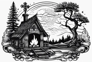 christian 
cross, campfire, golf , whiskey glass, cabin tattoo idea