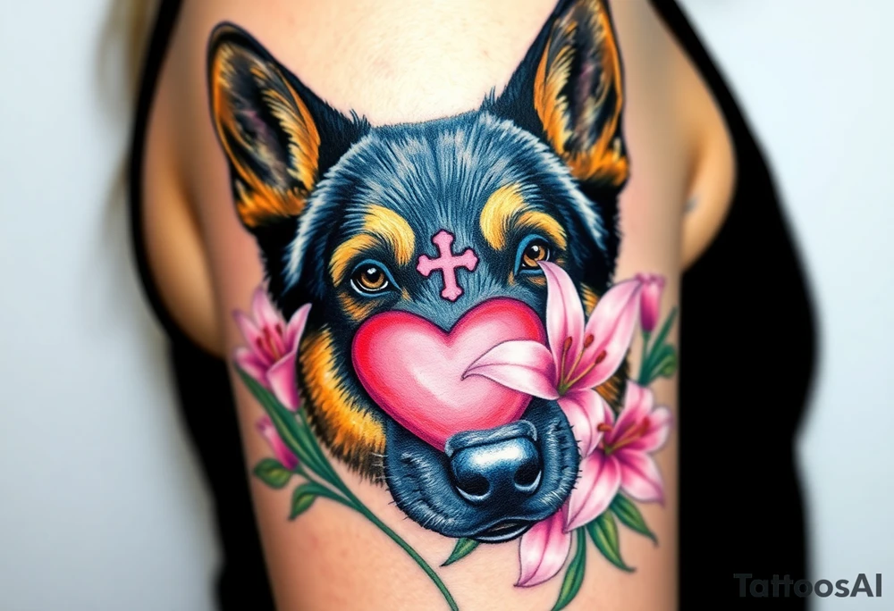 realistic german shepherd looking protective with pink lilies in front of a sacred heart symbol tattoo idea