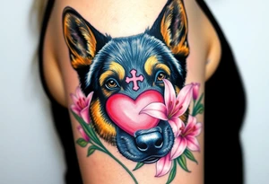 realistic german shepherd looking protective with pink lilies in front of a sacred heart symbol tattoo idea