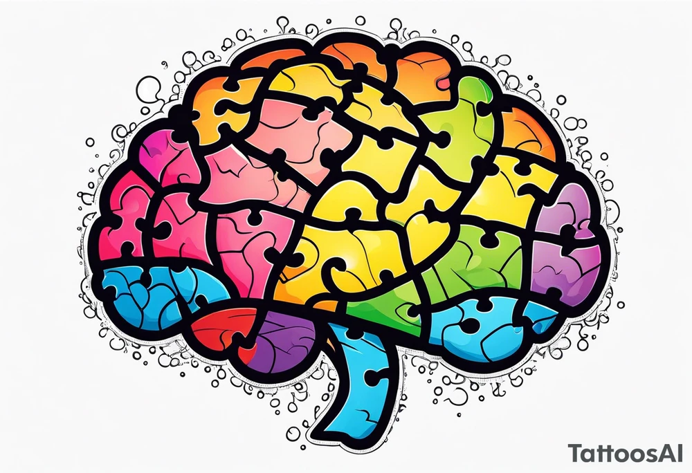 Colorful brain made of puzzle pieces tattoo idea