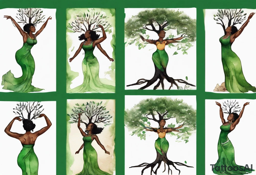 a tree trunk with roots that is a beautiful black woman from the waist up, arms reaching up to the sun, wearing a green tunic tattoo idea