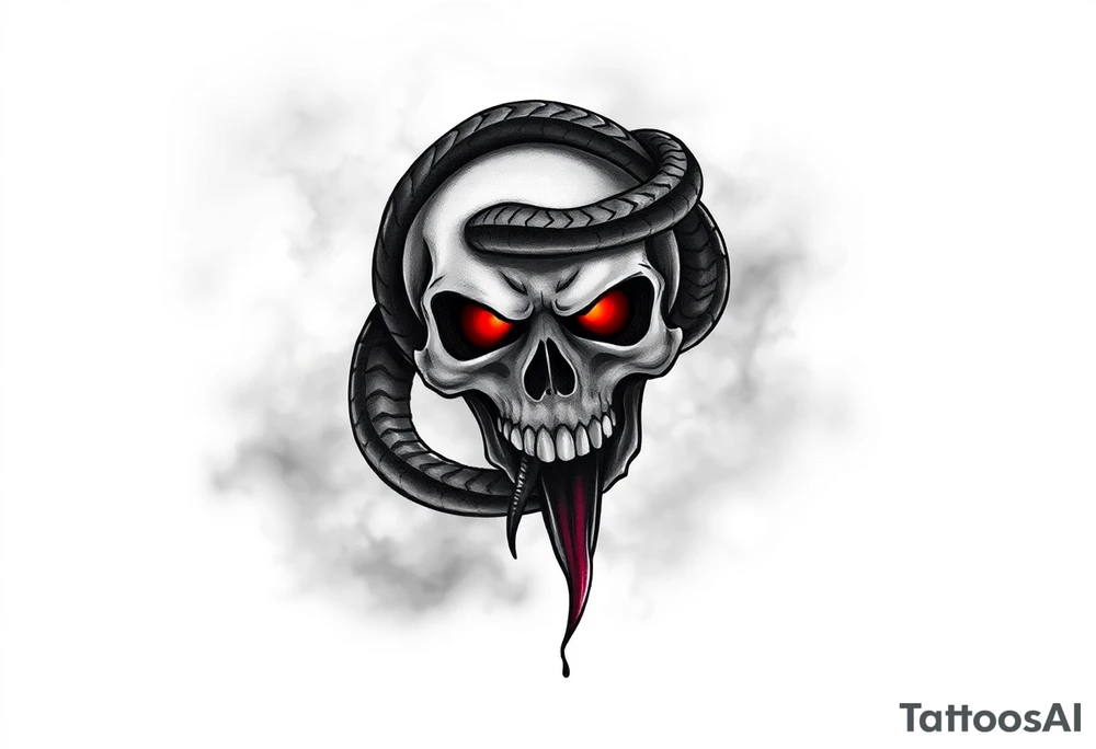 The Dark Mark, with the snake wrapped around the skull, stands out against a smoky, shadowy background. The skull has glowing red eyes, and the serpent’s tongue is dripping with dark, inky venom. Black and grey with hints of deep crimson for the eyes and serpent’s venom. Subtle touches of green and purple for the smoke. tattoo idea
