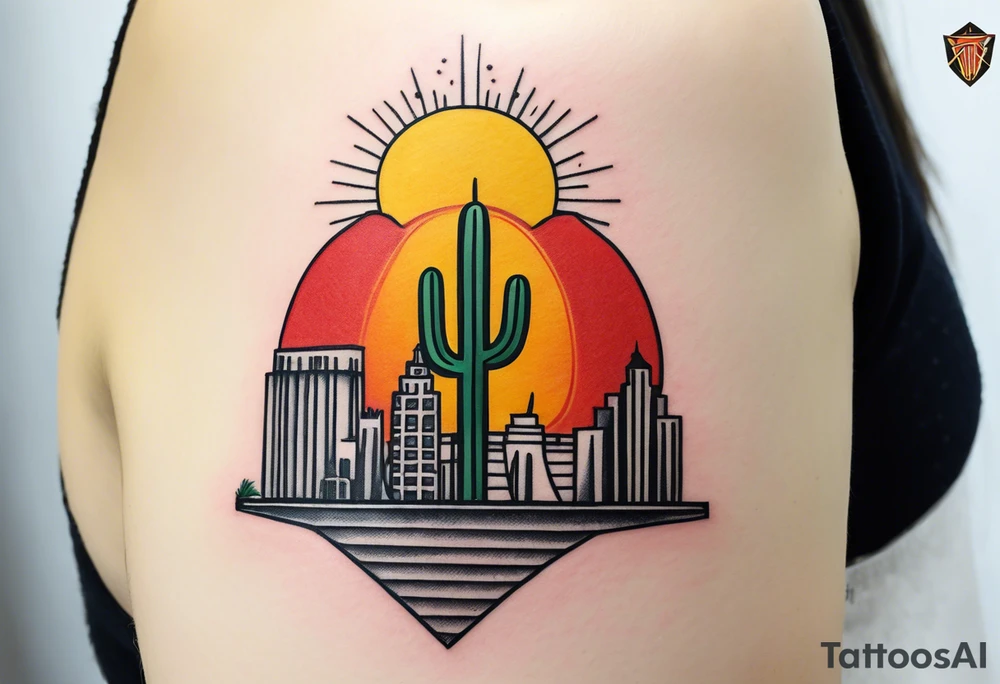 Crest with a hood on top,
13 rays of red and weld-yellow on the top half. NYC sky line
a cactus on the left side and a royal palm on the right side tattoo idea