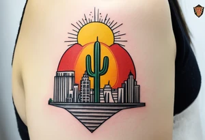Crest with a hood on top,
13 rays of red and weld-yellow on the top half. NYC sky line
a cactus on the left side and a royal palm on the right side tattoo idea