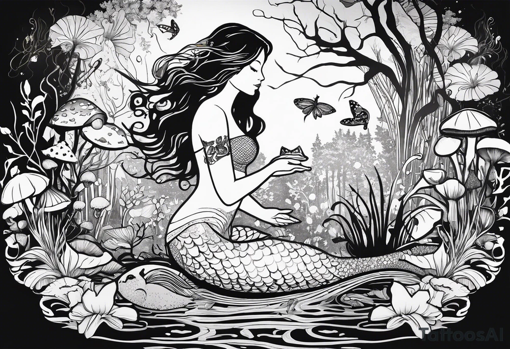 A Mermaid silhouette surrounded by musical notes in a bayou that has cypress trees, mushrooms, lily pads, frogs, and bugs tattoo idea