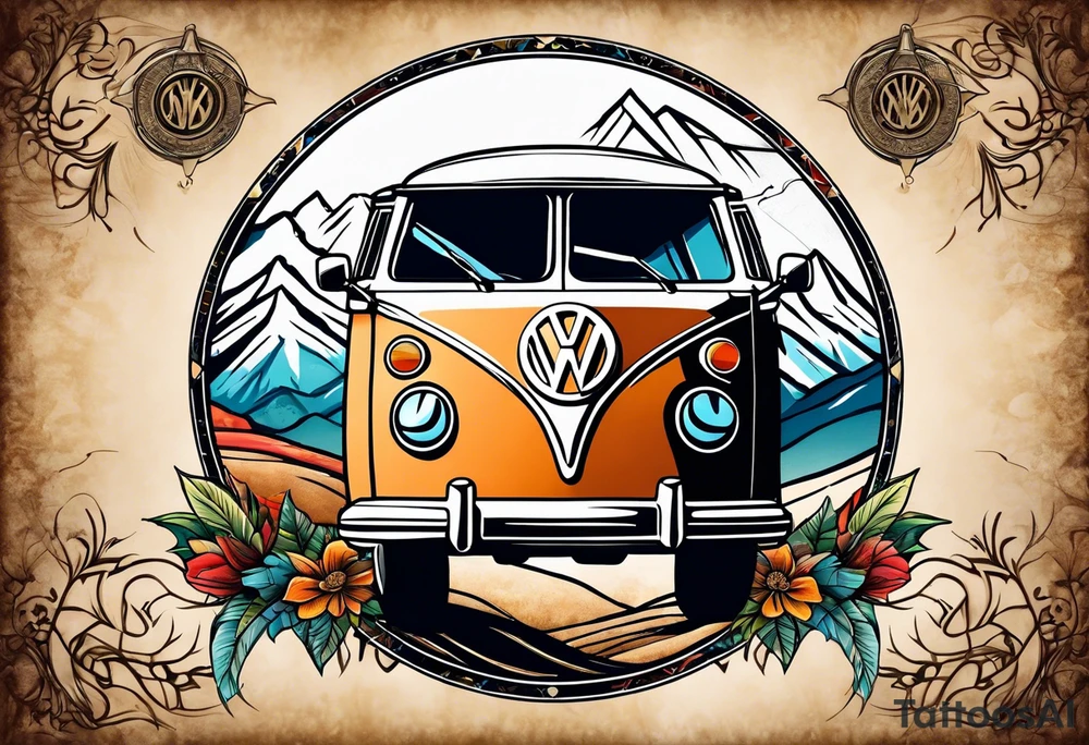 directional Compass rose, mountains and VW Komi campervan tattoo idea