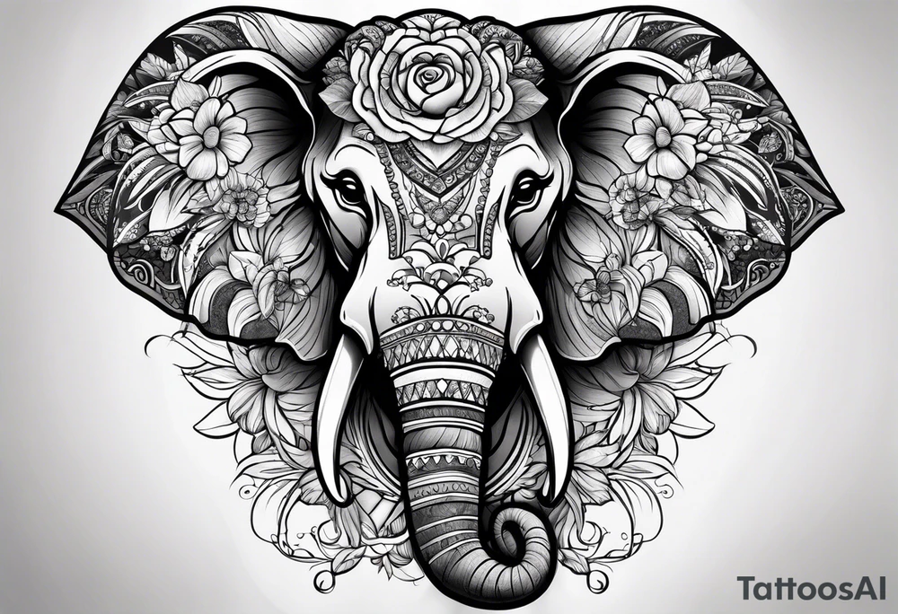 elephant face with flowers tattoo idea