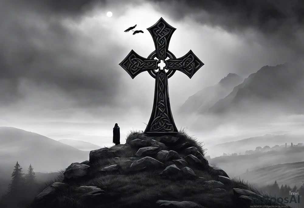 A stone Celtic cross solemnly standing atop a hill, a raven perches atop the cross in mourning. A ruined stone wall lies crumbling near the cross. Mist rolls along the hilltops adding to the melancholic nature of the scene tattoo idea