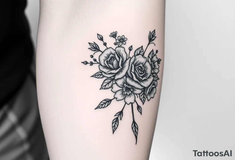 vintage bouquet of wild roses and meadow flowers with morning dew tattoo idea