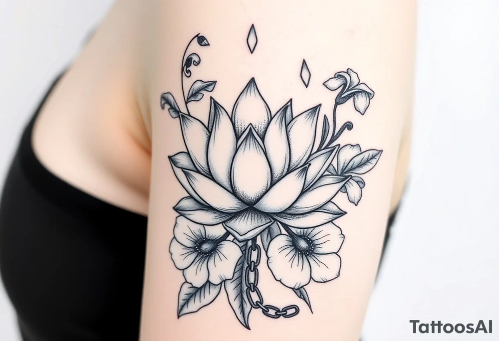 Lotus surrounded by Lilly of the valley, iris, and morning glory flowers. A heart chain and chain link weaved through whole tattoo tattoo idea