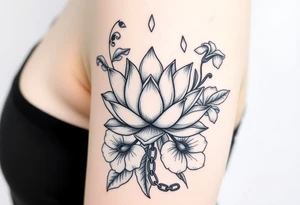 Lotus surrounded by Lilly of the valley, iris, and morning glory flowers. A heart chain and chain link weaved through whole tattoo tattoo idea